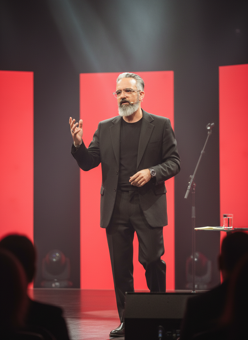 Theodore Georgedakis on a TEDx-style stage with red backdrop