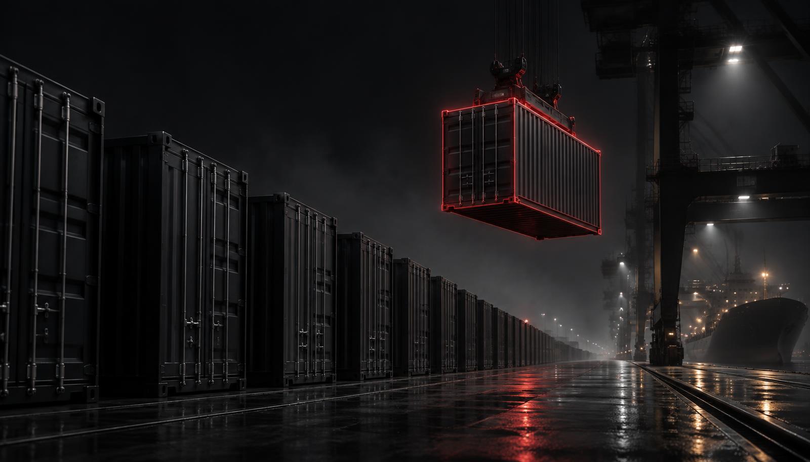 Σειρά από containers σε λιμάνι, με ένα μόνο σε κίνηση — τα υπόλοιπα περιμένουν